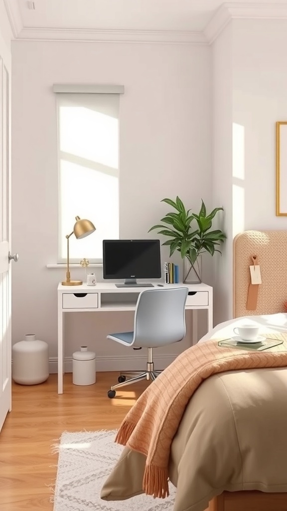 A compact desk in a small teen bedroom with a computer, lamp, and plant.