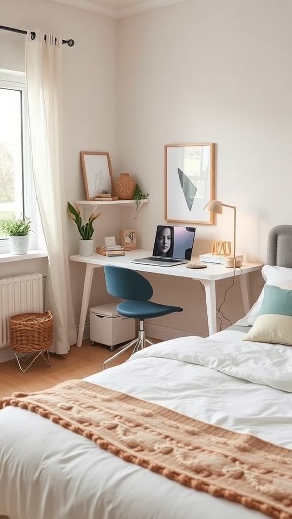 A compact work-from-home setup in a small bedroom featuring a desk, chair, and decorative elements.