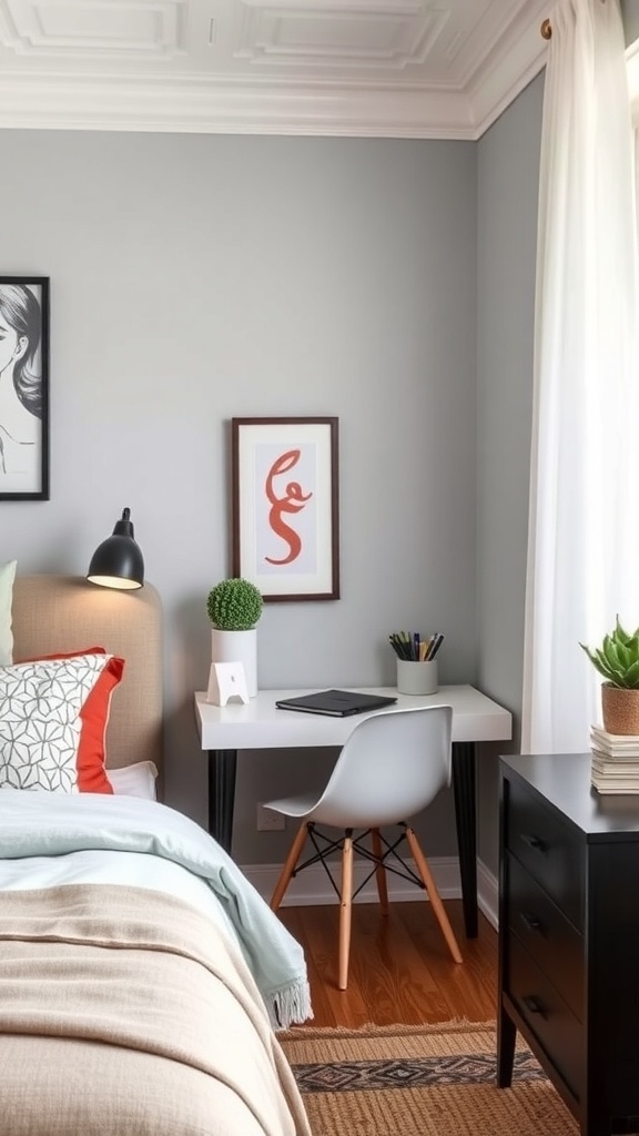 A small guest bedroom featuring a compact desk, chair, and decorative elements.