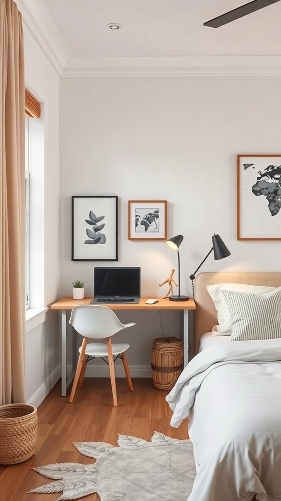 A compact desk in a small bedroom with a computer, lamp, and decorative elements.