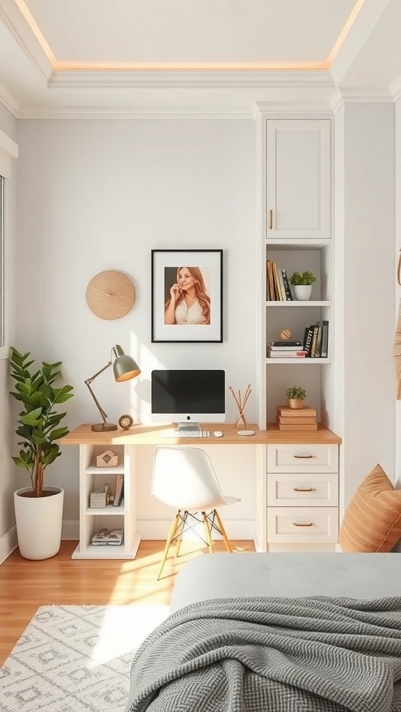 A compact desk with storage in a small bedroom, featuring a computer, books, and decorative items.