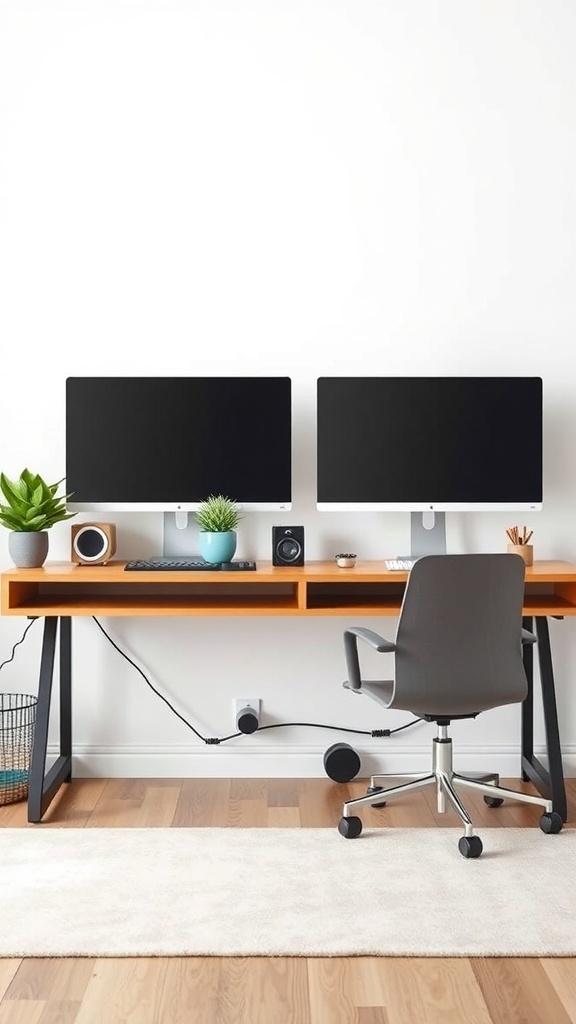 A compact desk setup featuring two monitors, a keyboard, a plant, and a comfortable chair.