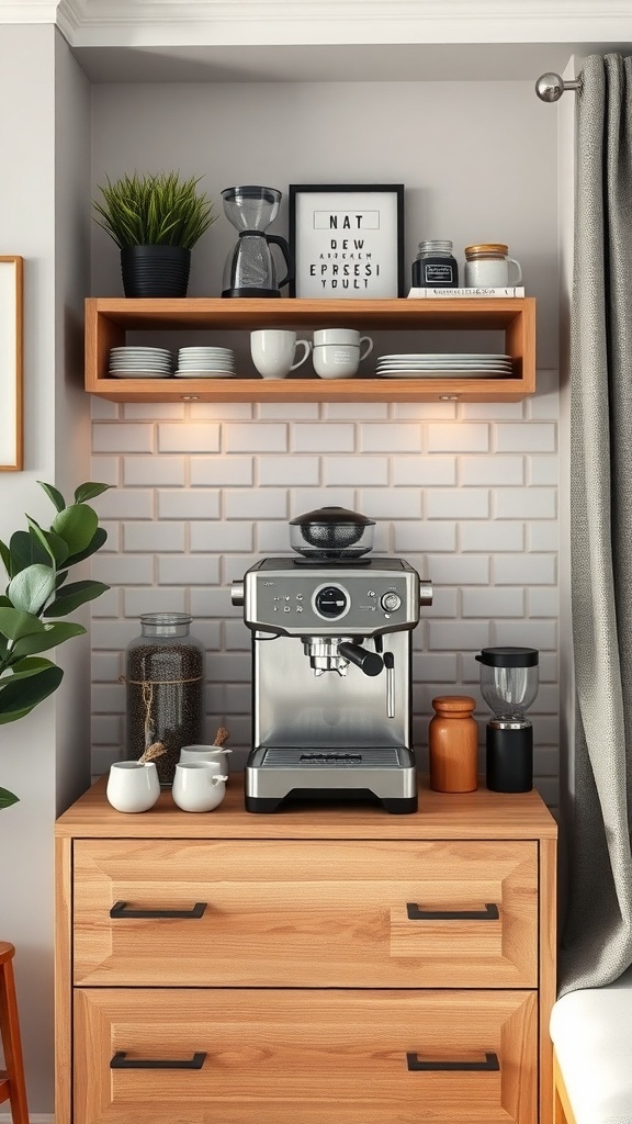 Compact espresso bar with a sleek machine, coffee jars, and decorative items