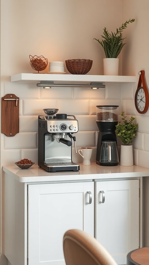 A compact espresso bar featuring an espresso machine, coffee grinder, and decorative storage.
