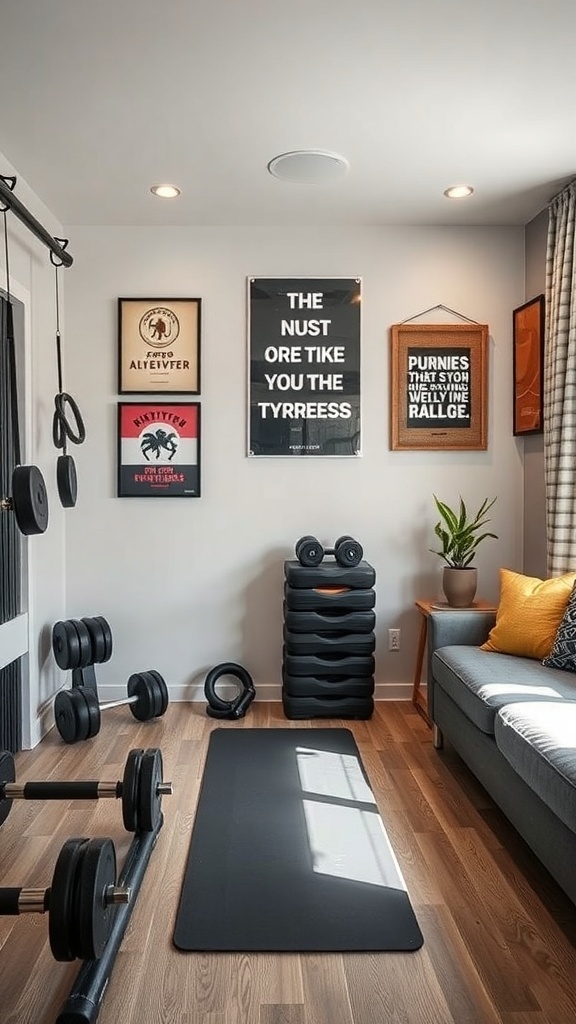 Compact exercise space featuring weights, a mat, and motivational wall art.