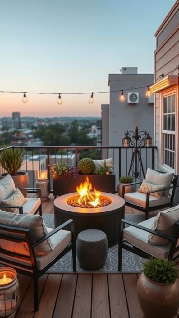 A cozy balcony featuring a compact fire pit surrounded by comfortable seating and plants, with string lights overhead.