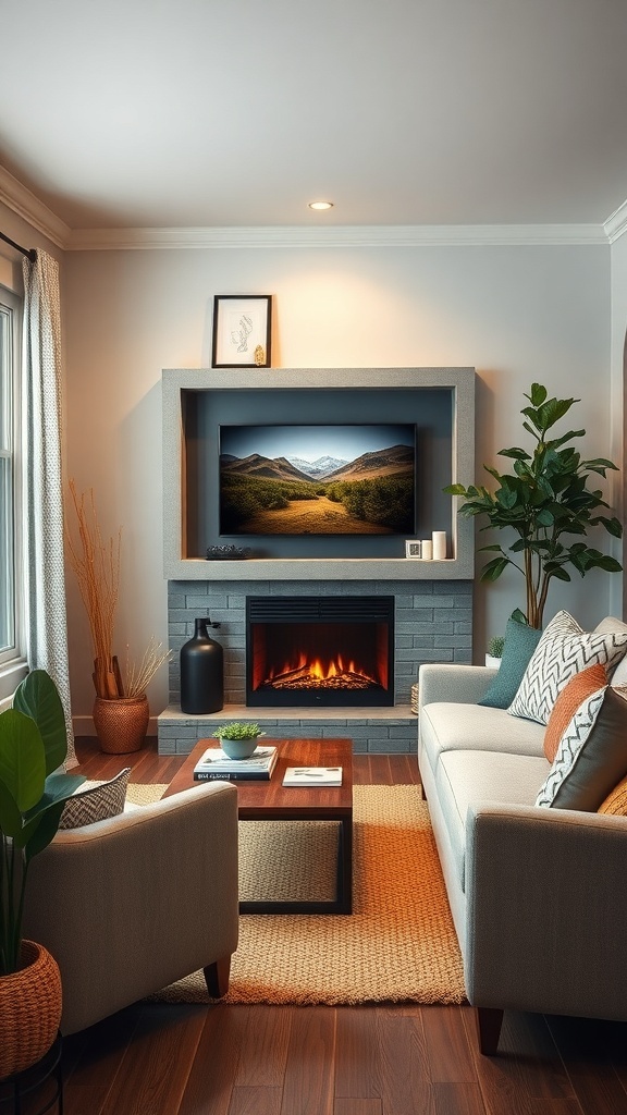 Cozy small man cave featuring a compact fireplace, modern decor, and a warm atmosphere.