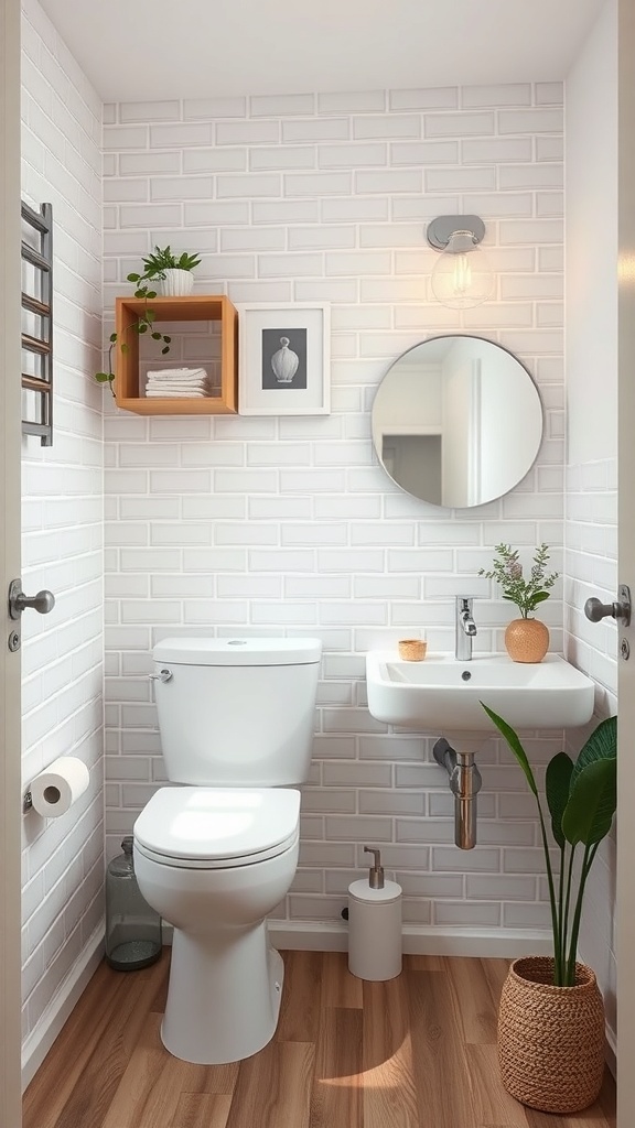 A compact bathroom featuring a wall-mounted sink, modern toilet, and stylish decor.