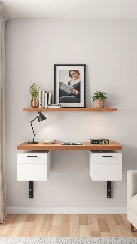 A compact floating desk setup with a wooden top, white drawers, and decorative items above.
