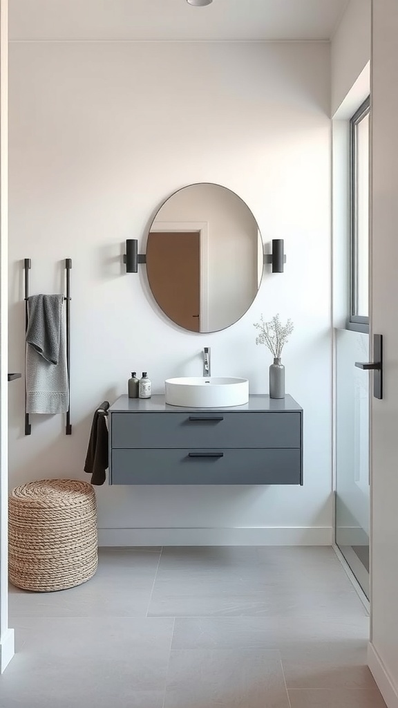 A contemporary small bathroom featuring a floating vanity with a round mirror, gray cabinetry, and warm decor.