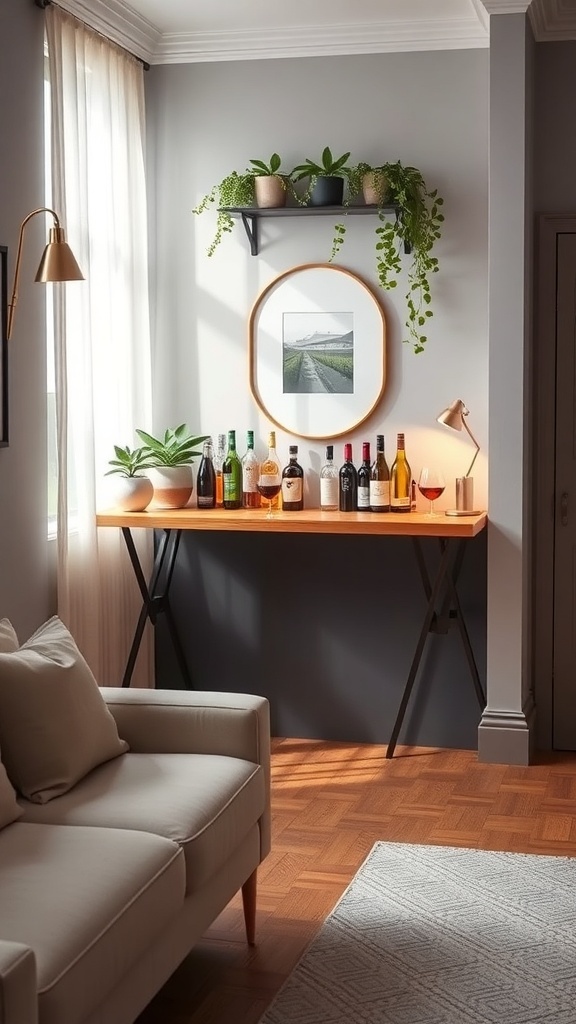 A compact folding bar with a wooden top, bottles of various drinks, and plants on a shelf above.