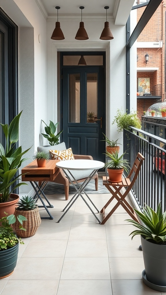 A narrow balcony with compact furniture, including a round table, two folding chairs, and various potted plants.