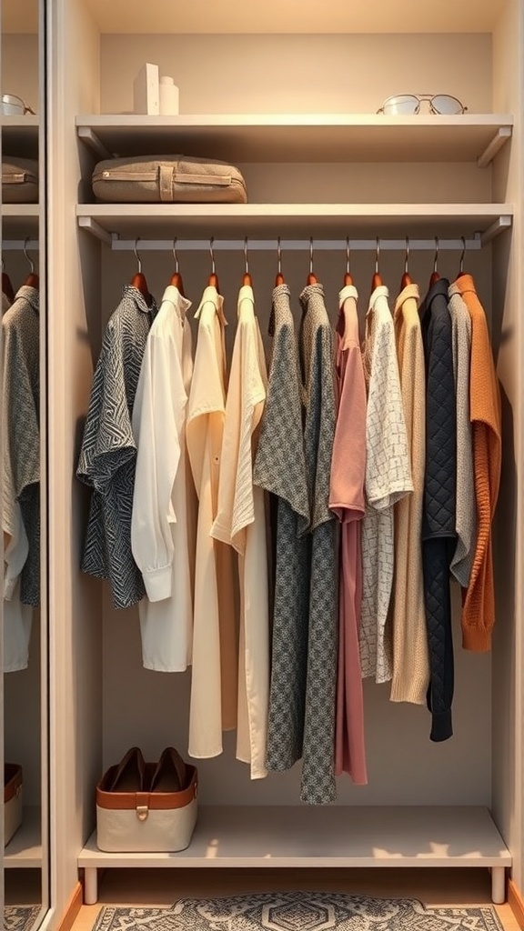 A small wardrobe with compact hangers holding neatly arranged shirts and a couple of shelves above.