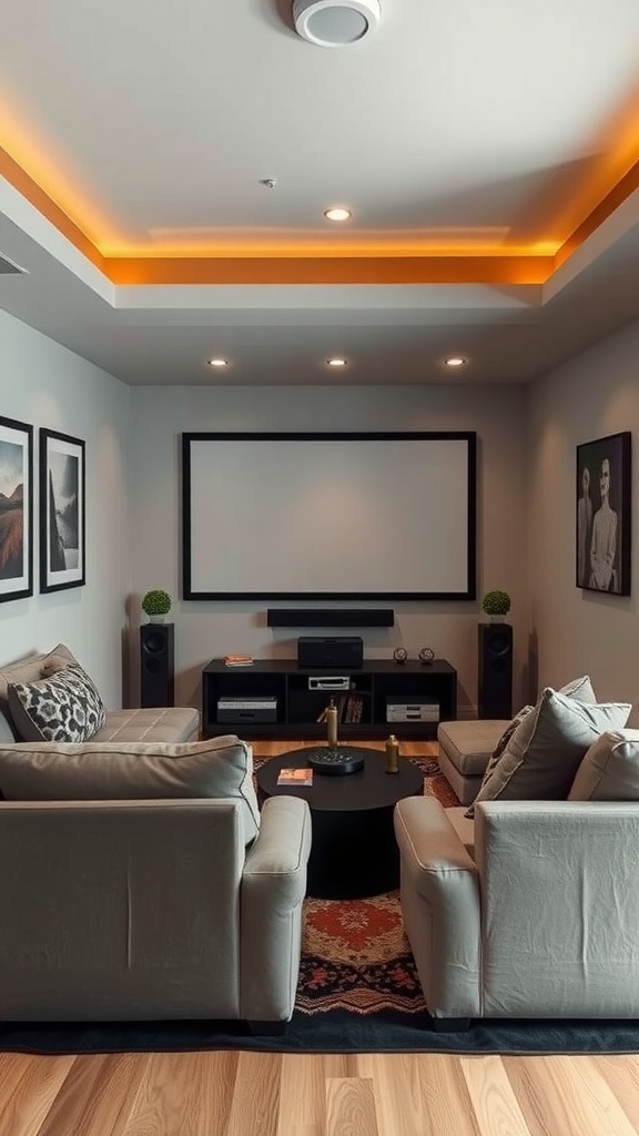 A compact home theater setup featuring comfortable seating, a large screen, and stylish decor.