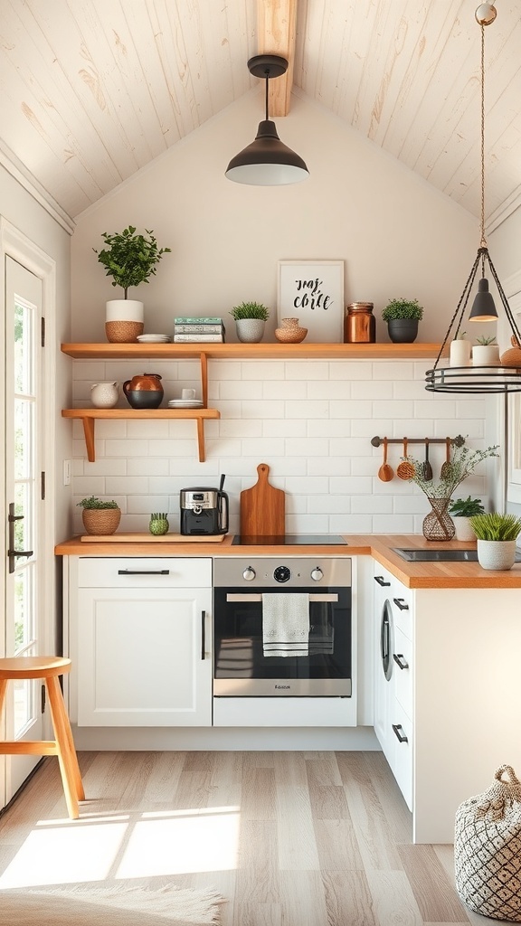 A compact kitchen in a tiny cabin featuring white cabinets, wooden countertops, and open shelving with plants and decorative items.