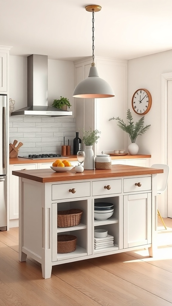 A compact kitchen island with a wooden top and white cabinetry in a small kitchen setting.