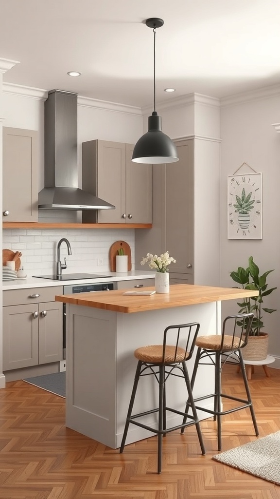 A compact kitchen island with wooden top and two stools in a modern kitchen setting.