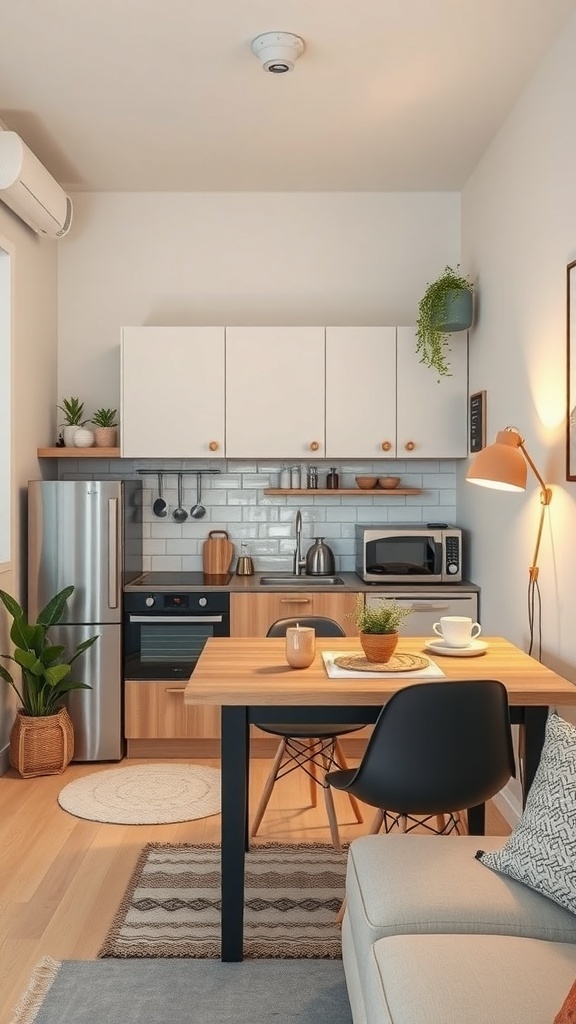 Compact kitchen in a tiny studio apartment featuring modern appliances and a cozy dining area.