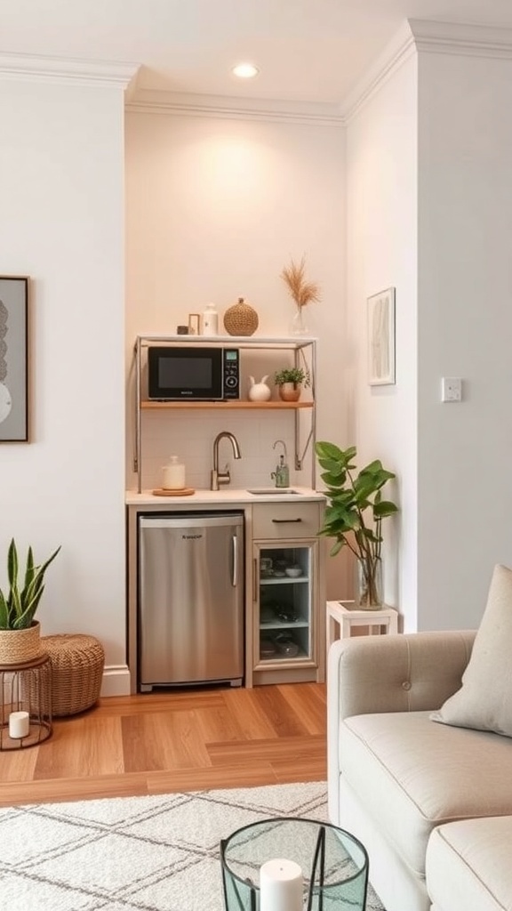 A compact kitchenette setup featuring a small fridge, microwave, and open shelving with plants and decorative items.