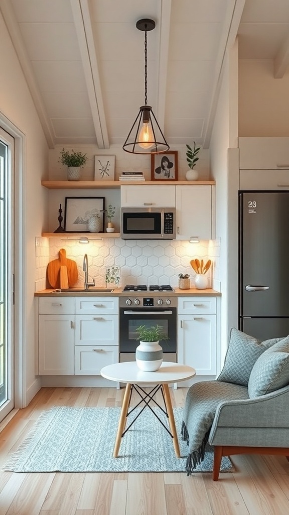 A compact kitchen in a tiny house featuring white cabinets, wooden accents, and smart storage solutions.