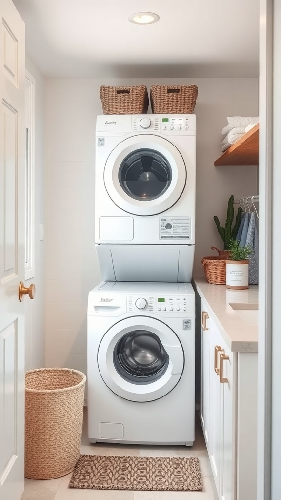 Compact laundry room with stacked washer and dryer, storage baskets, and a countertop.