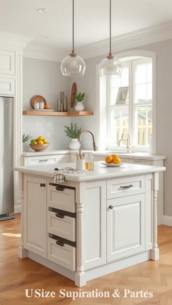 A compact kitchen island with drawers and a smooth countertop, illuminated by pendant lights.
