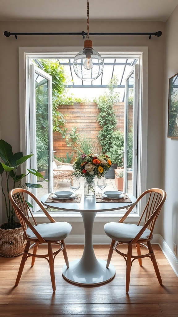 A cozy dining setup with a round table and two chairs, featuring a vase of flowers, seen through an open window with greenery outside.