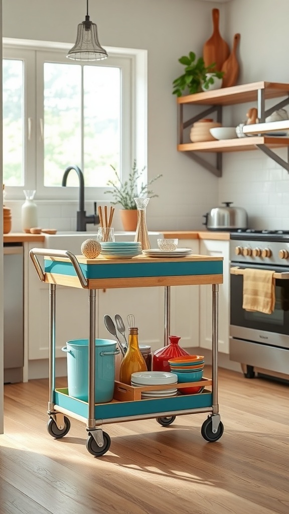 A compact rolling cart in a kitchen, filled with colorful kitchenware and positioned near a window.