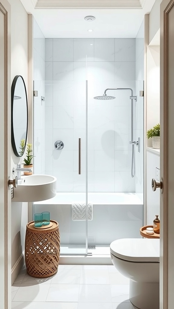 A modern compact bathroom featuring a glass shower, stylish sink, and decorative storage.