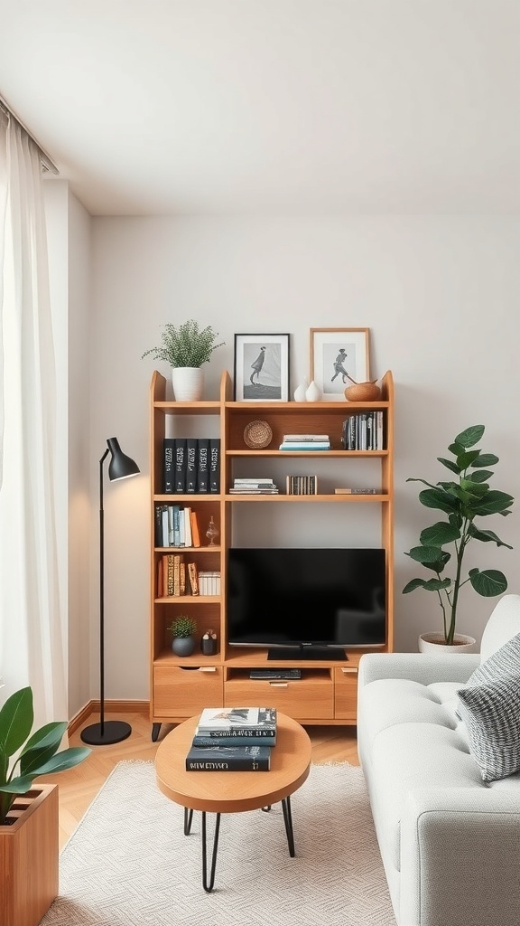 A compact small bookshelf in a cozy living room setting with books, decor, and plants.