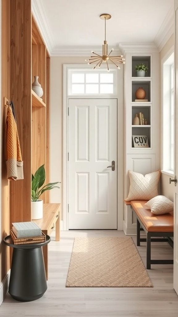 A small foyer with built-in shelves, a storage bench, and a side table, showcasing compact storage solutions.