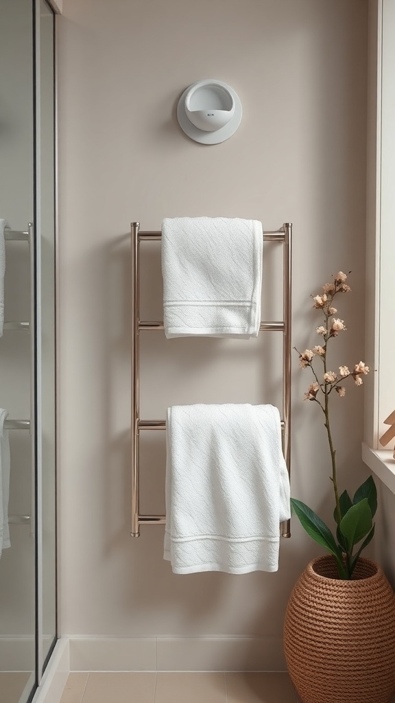 A compact towel rack with two white towels hanging, next to a decorative plant in a woven basket.