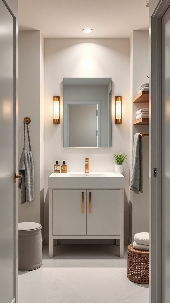 Modern compact vanity in a narrow bathroom with light wood accents and gold fixtures.