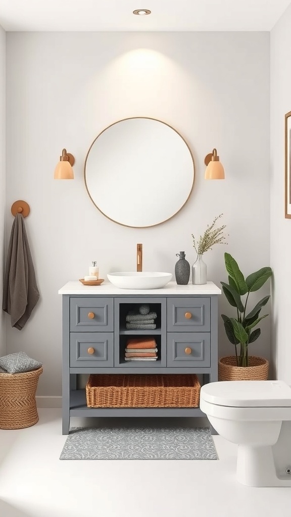 A compact bathroom vanity in gray with a white countertop, round mirror, and decorative plants.