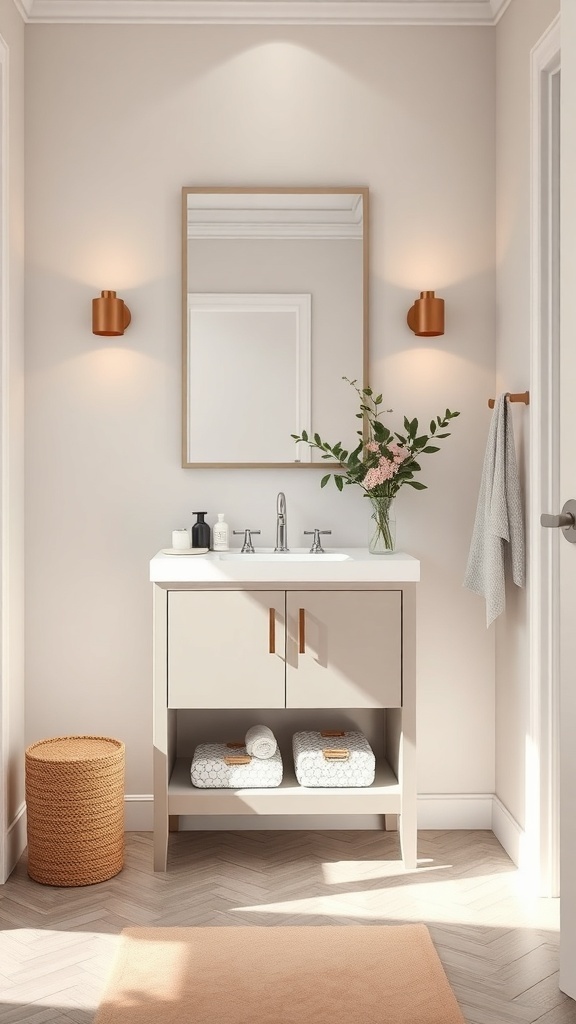 A compact bathroom featuring a modern vanity with a sink, storage drawers, and decorative elements.