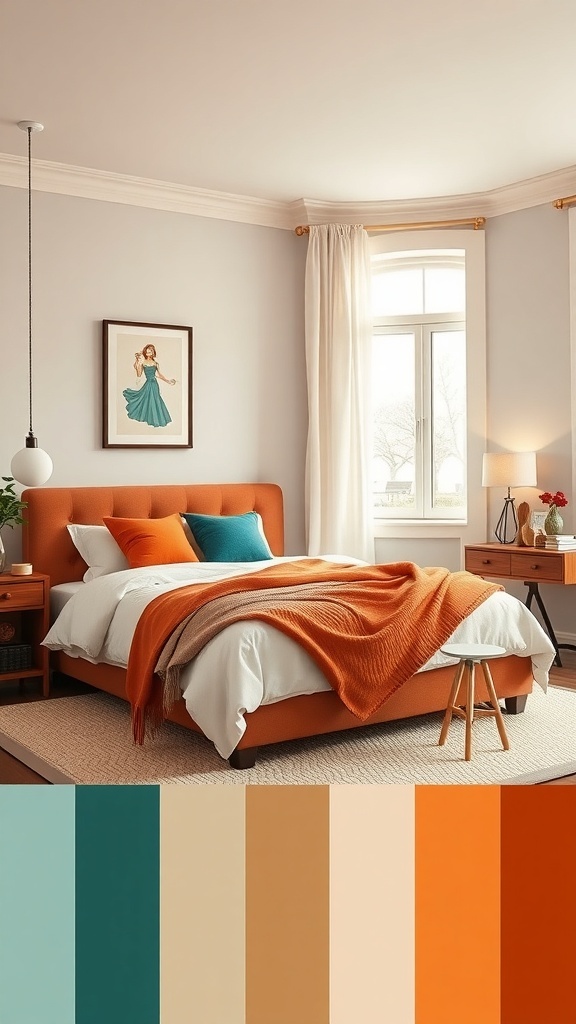 A cozy bedroom featuring a burnt orange bed with teal and neutral accents.