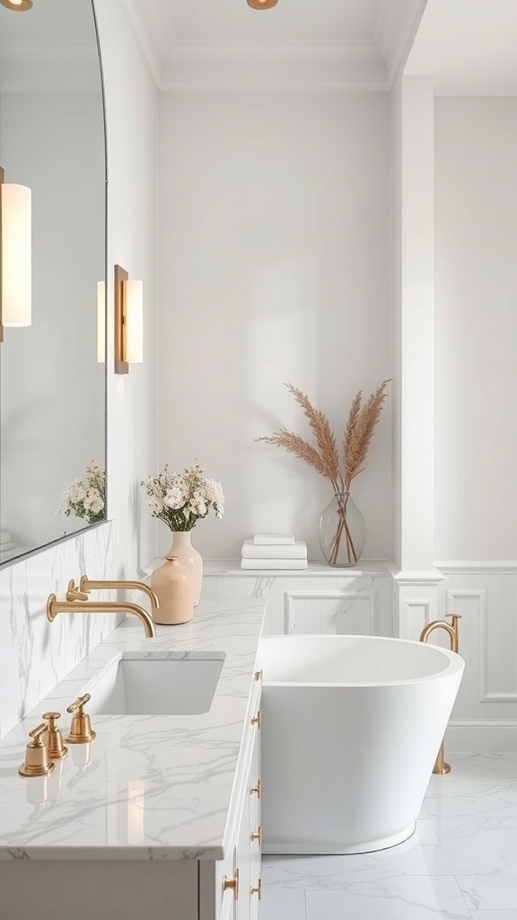 A marble bathroom featuring a freestanding tub, gold faucets, and decorative elements.