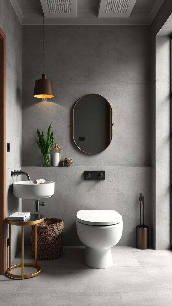 A modern bathroom featuring a concrete accent wall, stylish fixtures, and warm decor elements.