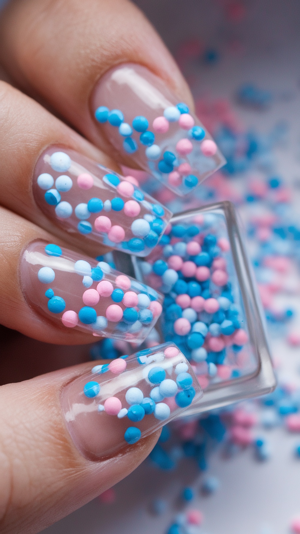 Colorful confetti-filled clear nails with pink and blue dots