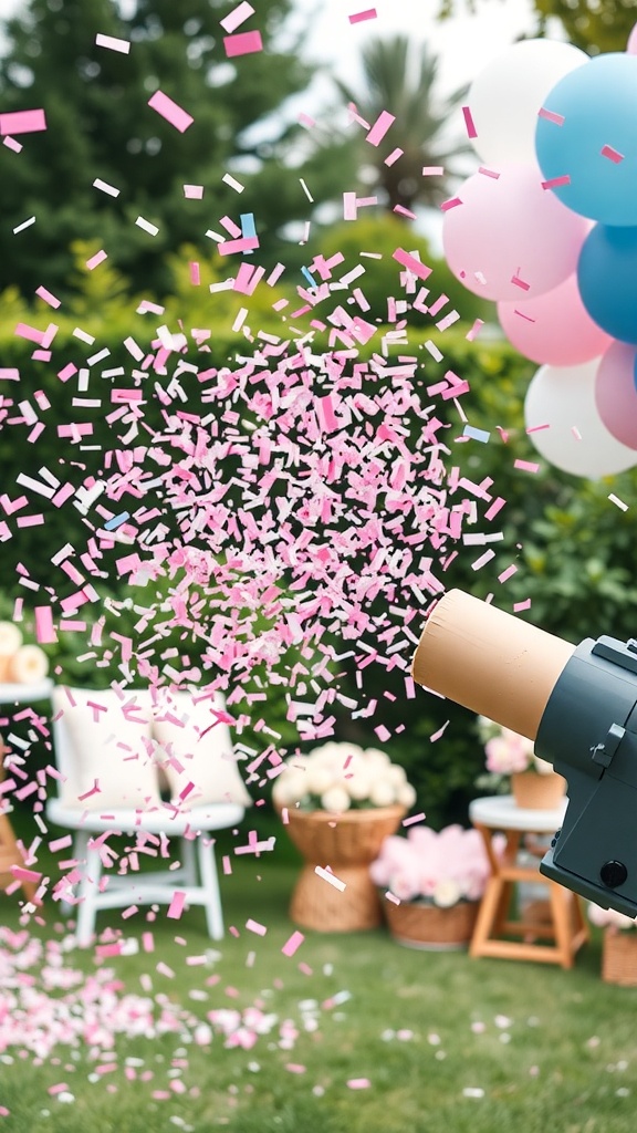 A confetti cannon shooting pink and blue confetti in a garden setting.