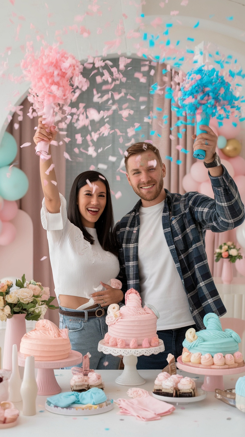 A couple celebrating a baby reveal with confetti cannons, surrounded by cakes and decorations.