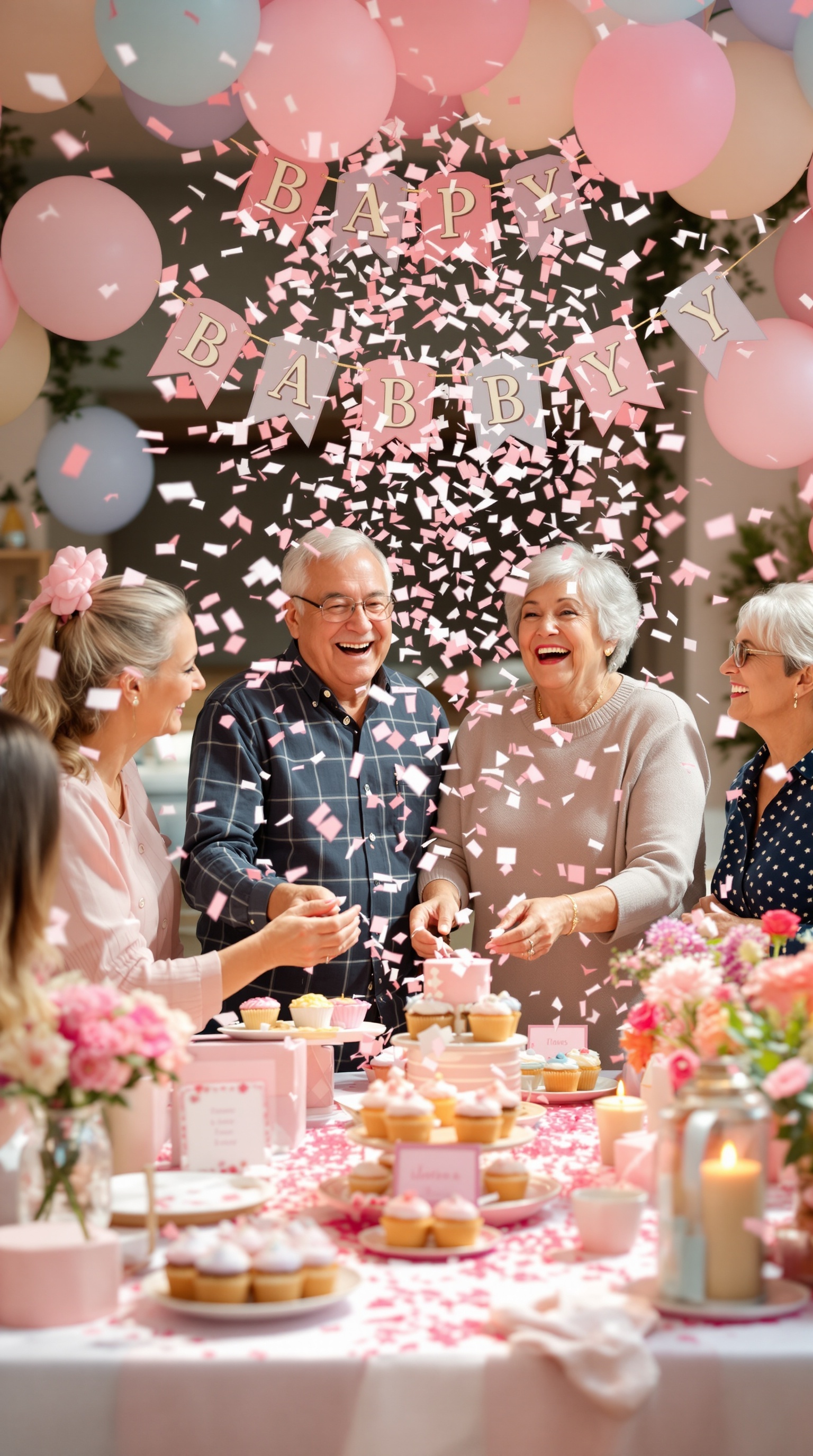 A joyful gender reveal celebration with confetti cannons, grandparents, and a decorated table.