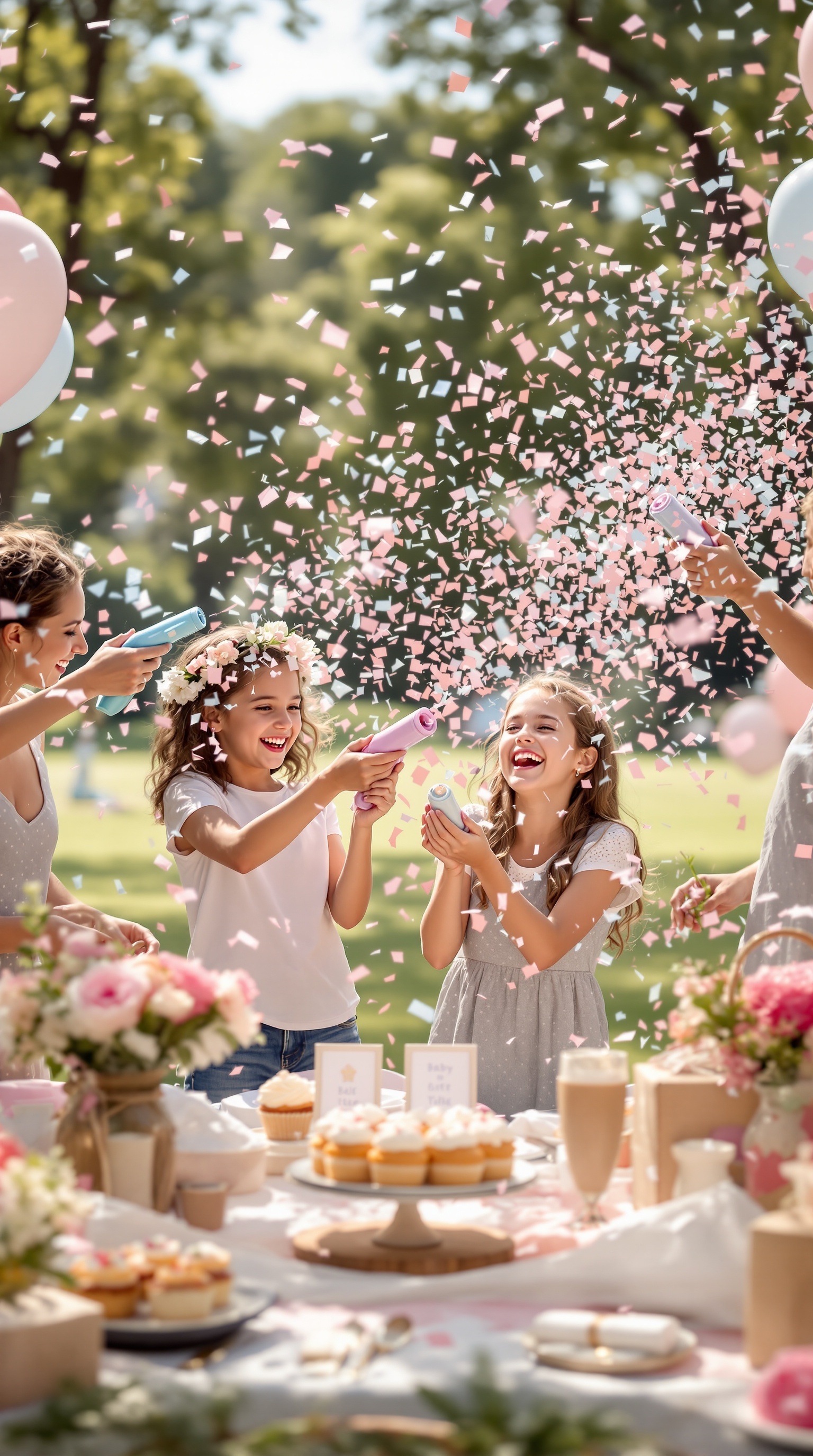 Children celebrating with confetti cannons during a gender reveal party
