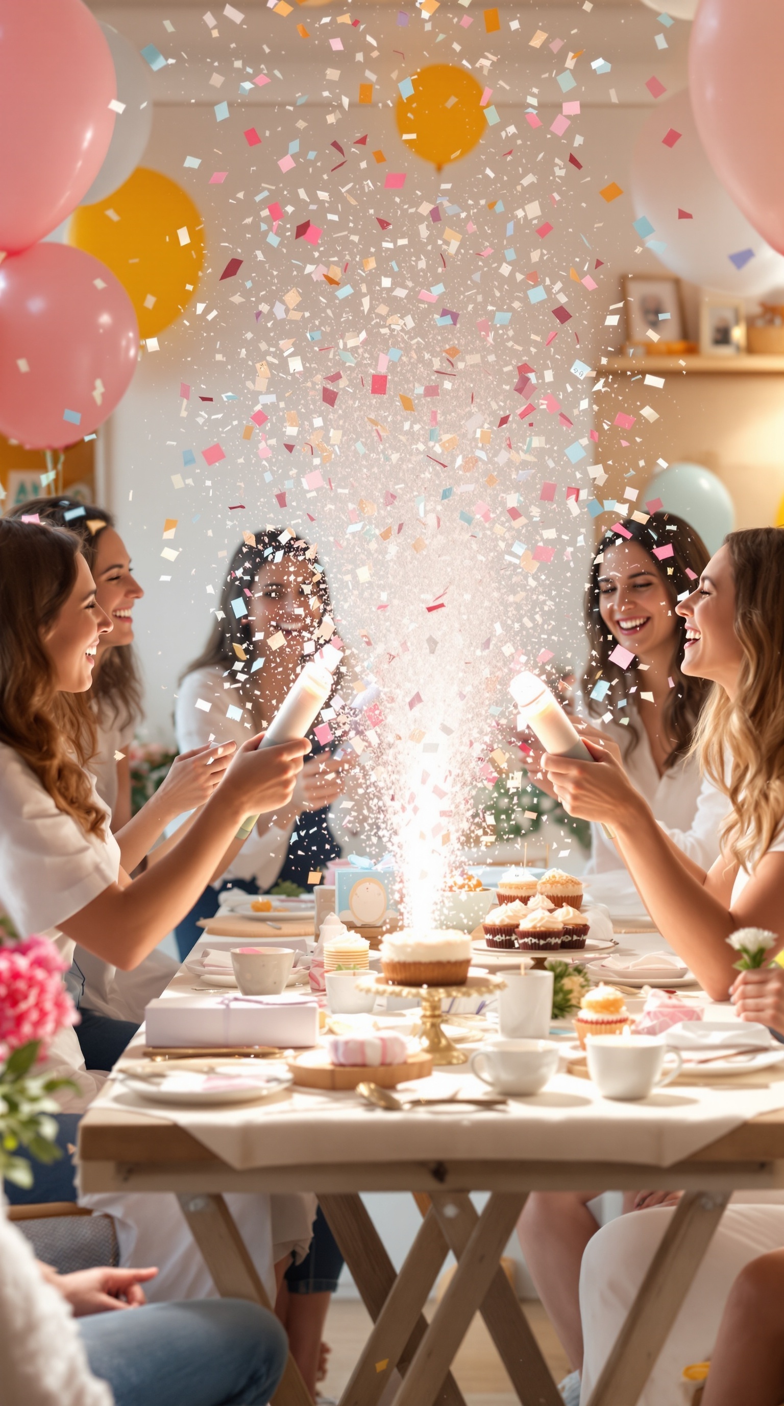 A group of friends celebrating a gender reveal with confetti cannons, surrounded by balloons and treats.