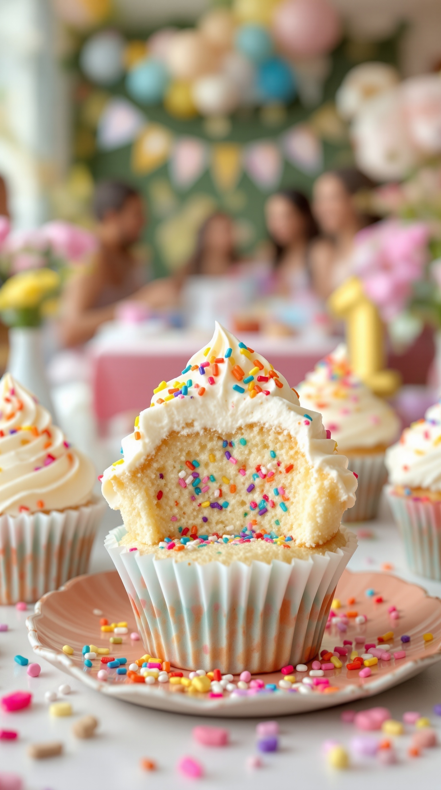 Vanilla cupcakes with colorful sprinkles inside, perfect for a gender reveal party.