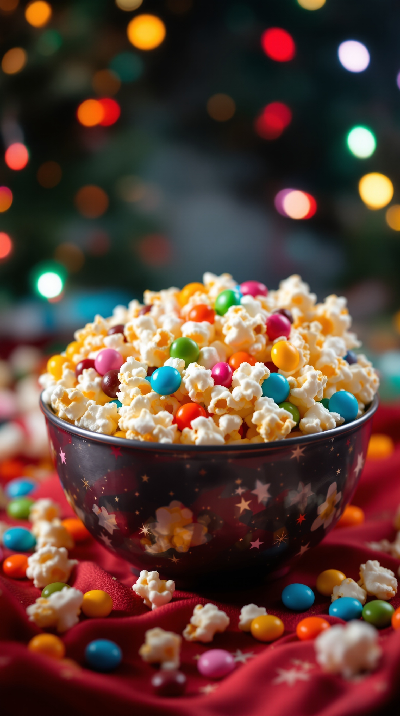 A bowl of colorful confetti popcorn mix surrounded by party decorations and happy guests.