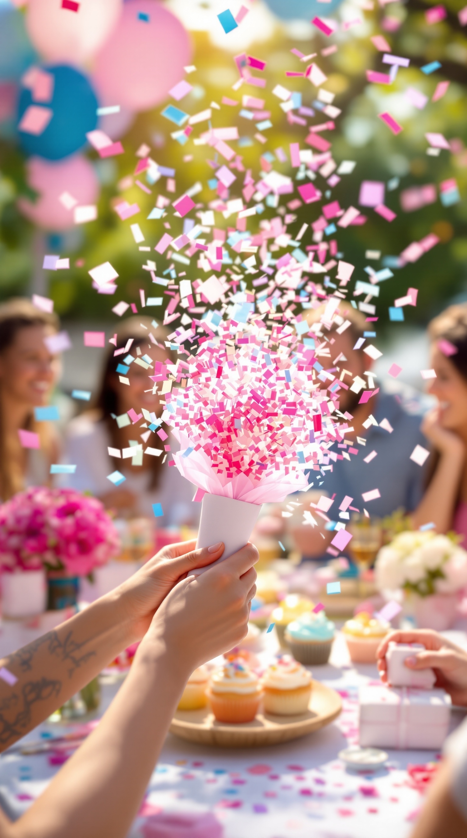 A hand holding a confetti popper with pink and blue confetti bursting out, surrounded by a joyful gathering.