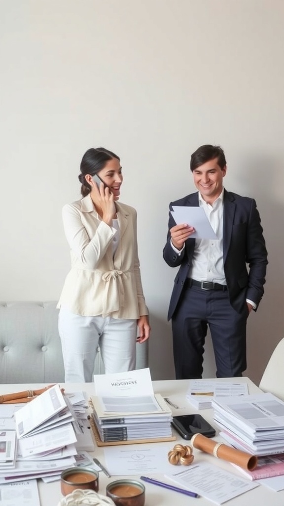 Couple discussing wedding plans over a table filled with documents and notes.