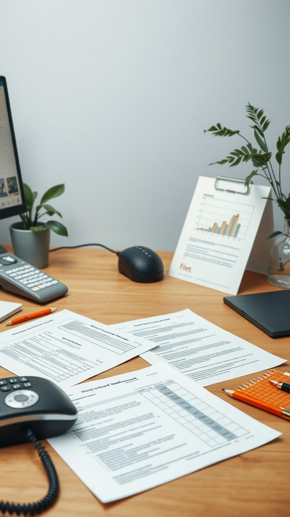 A workspace with papers and office supplies for organizing vendor details