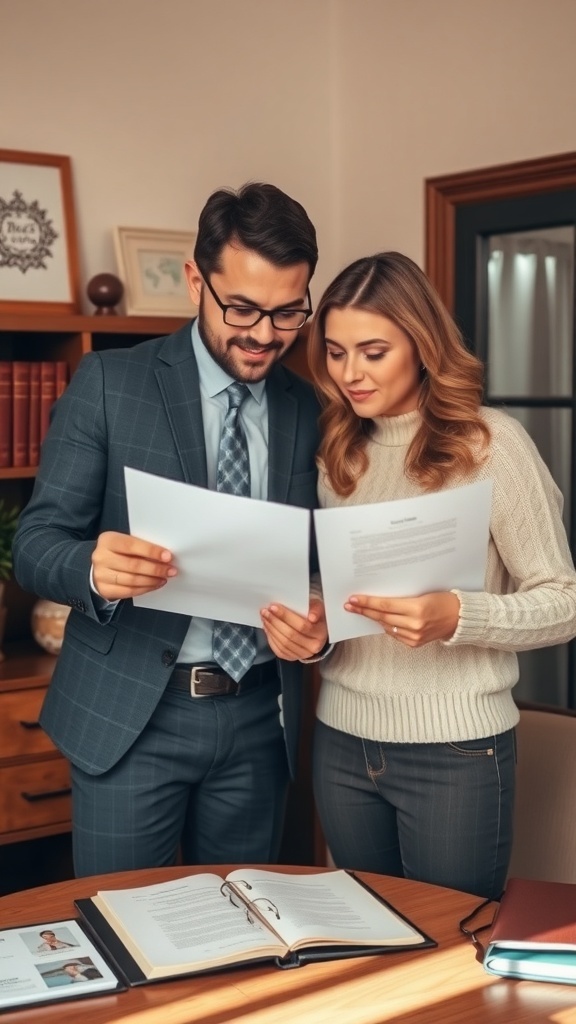 A couple reviewing important documents in a cozy office setting.